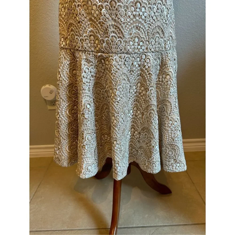 NWT Y2K Badgley Mishcka Strapless Lace Ivory Gold Midi Dress Women Size 6 SC1280